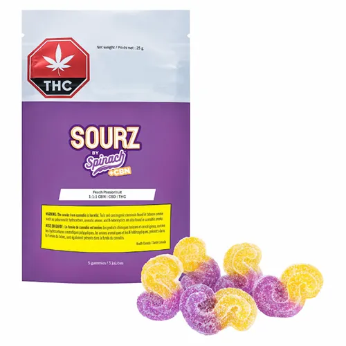 Product image of Peach Passionfruit 1:1:1 CBN|CBD|THC SOURZ - Spinach - Gummies