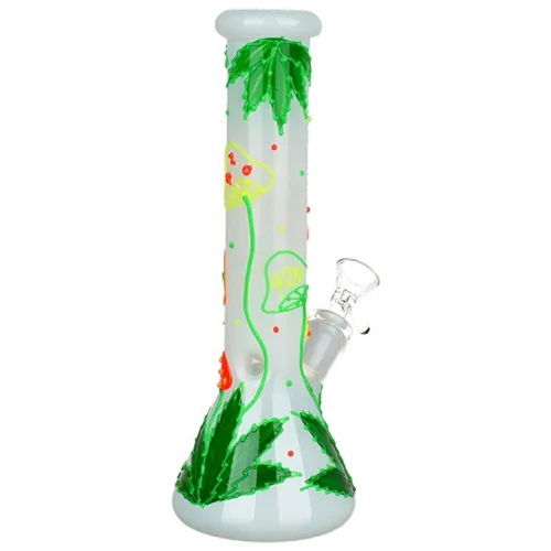 9.5" 420 Hemp Leaf and Shrooms Glow In The Dark Glass Water Pipe