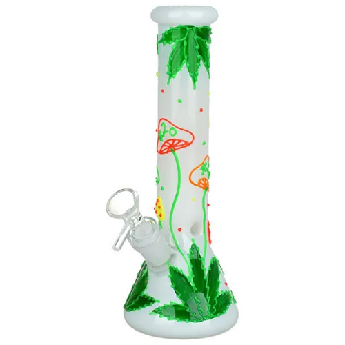 9.5" 420 Hemp Leaf and Shrooms Glow In The Dark Glass Water Pipe