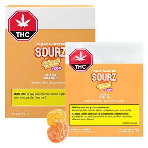 Fully Blasted Peach Orange 1:1 THC | CBD 10 Pack - SOURZ by Spinach - Gummies