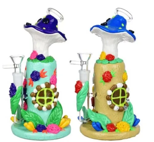Product image of Flower And Shroom Cottage Glow Water Pipe - 9" - 14mm F (Colours Vary)