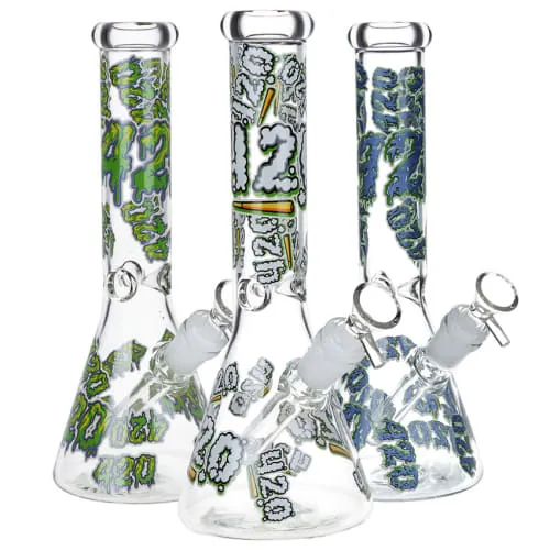 Product image of 420 Clouds Glow In The Dark Beaker Glass Water Pipe - 10" / 14mm F / Colors Vary