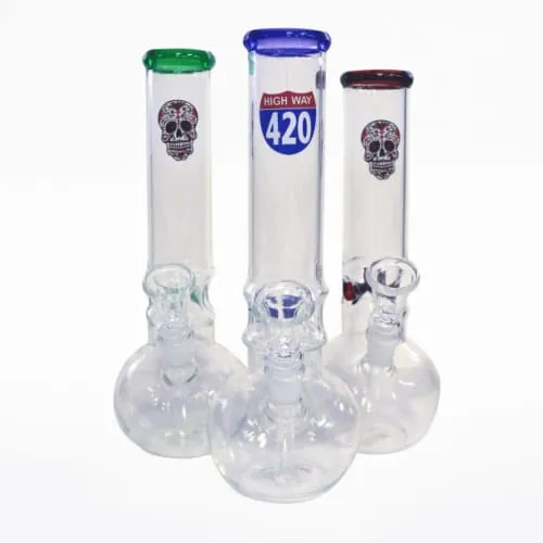 Product image of 10" Bubble Base w/ Ice Pinch & Fixed Downstem/Bowl combo (pipe has carb/shotgun) - Decals & Colors Vary